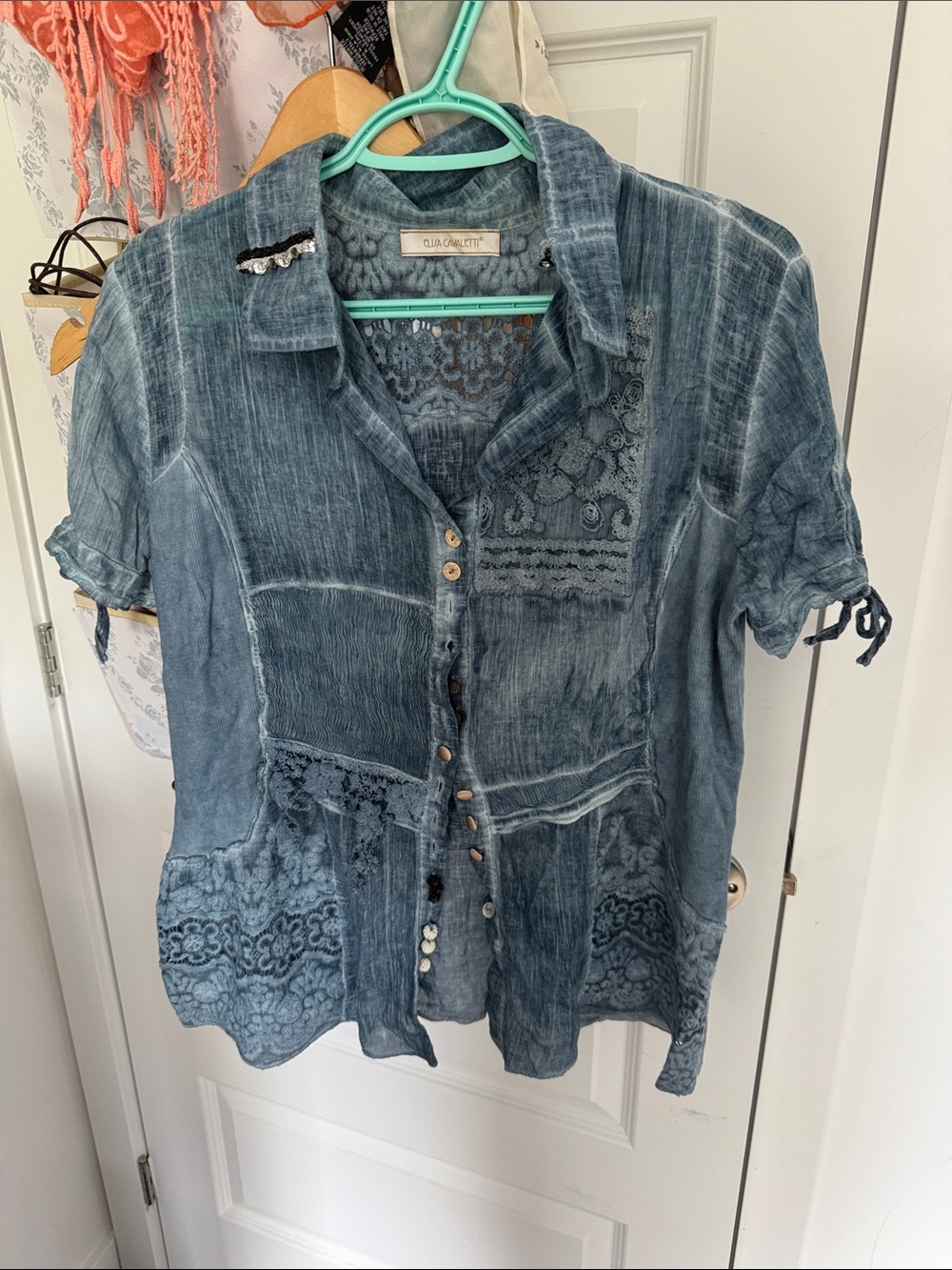 Stunning elisa cavaletti Washed Blue lace Patchwork Button-Down Shirt